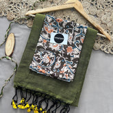 Light Mehndi Handloom Khadi Cotton Saree With Green Print Blouse